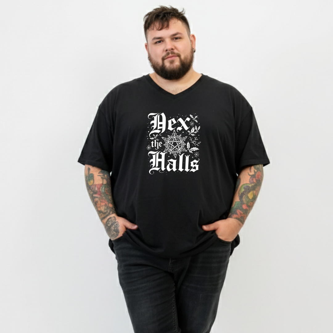 Man wearing a black t-shirt with 'Hex the Halls' text and design on a white background
