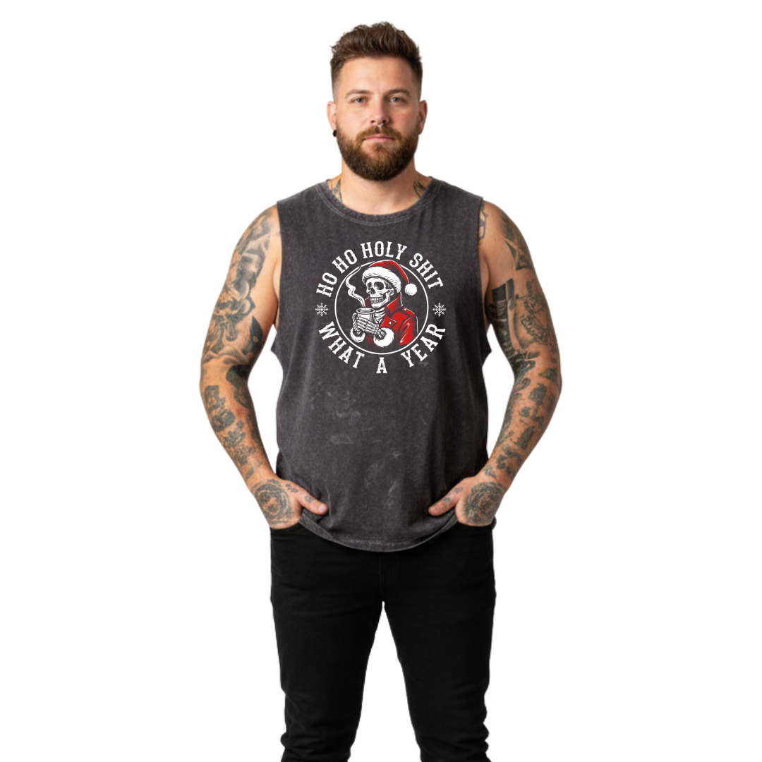 Man wearing a sleeveless shirt with a graphic design on a white background