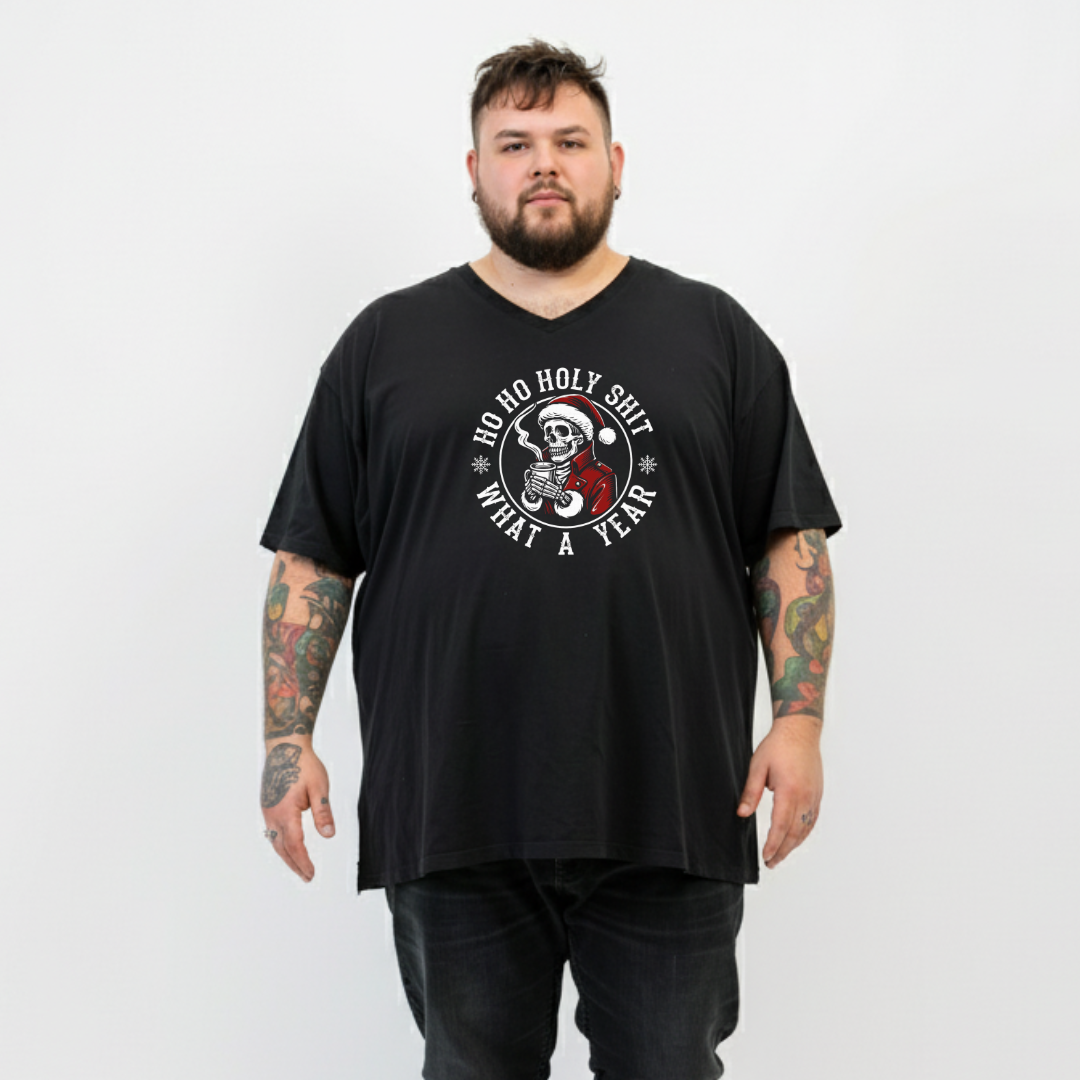 Man wearing a black t-shirt with a graphic design on a white background