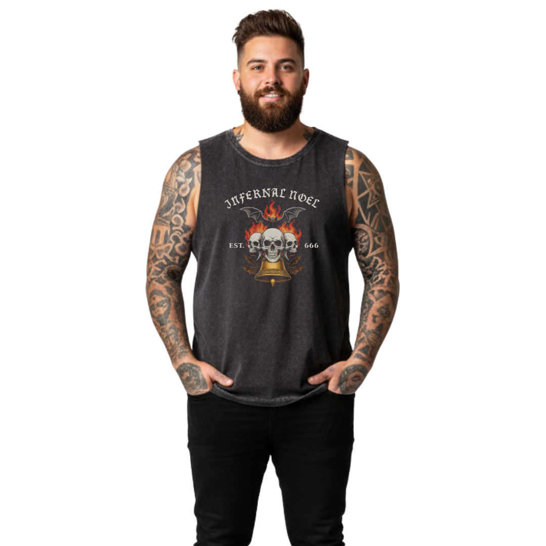 Man wearing a dark sleeveless shirt with a graphic design on a white background