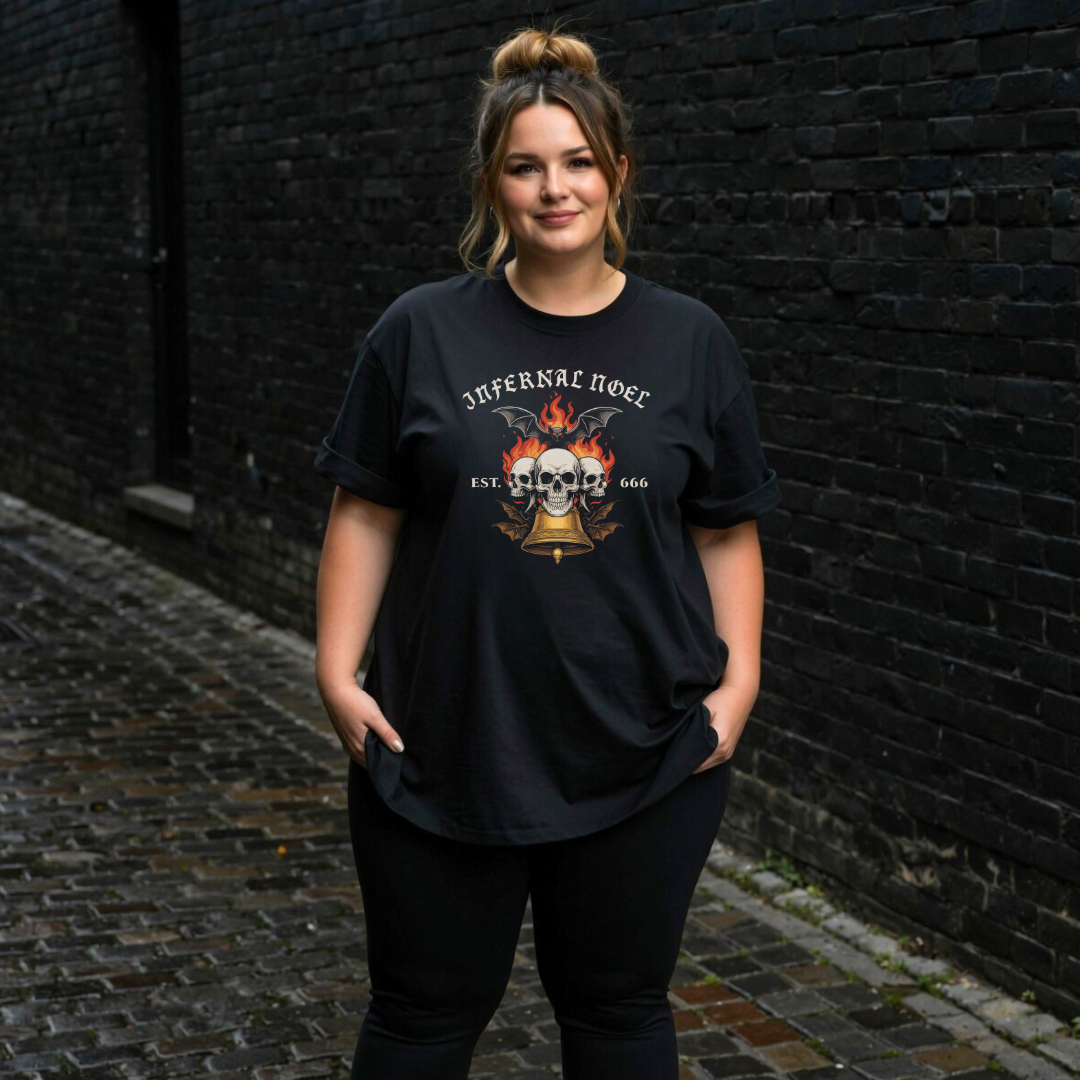 Person wearing a black t-shirt with a graphic design against a dark brick wall.