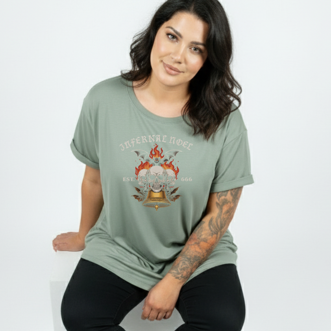 Woman wearing a green t-shirt with a graphic design on a white background