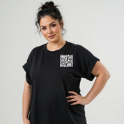 Close up of Inhale Good Shit Exhale Bullshit DTF print on black oversized tee, bold wavy white stacked typography, Bae Bands Australia