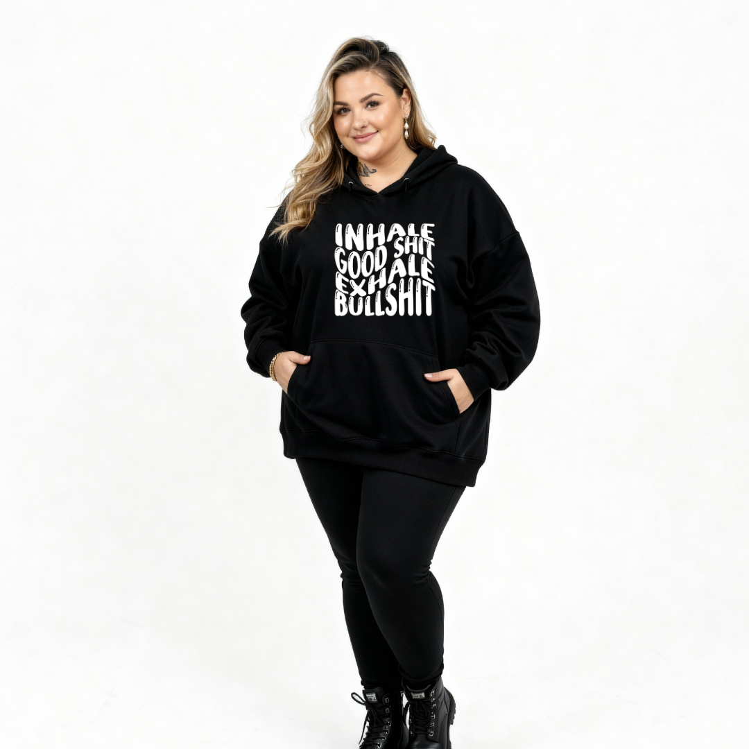 Back view of black Inhale Good Shit Exhale Bullshit hoodie showing full stacked white text DTF print detail, relaxed plus size fit, Bae Bands Australia