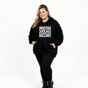 Back view of black Inhale Good Shit Exhale Bullshit hoodie showing full stacked white text DTF print detail, relaxed plus size fit, Bae Bands Australia