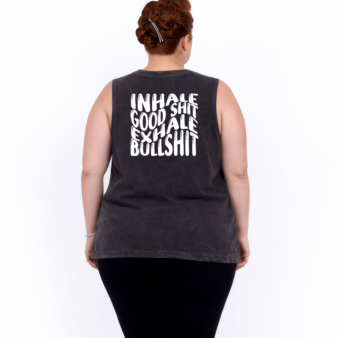 Back view of black stonewashed Inhale Good Shit Exhale Bullshit tank top showing full stacked white text DTF print detail, relaxed plus size fit, Bae Bands Australia