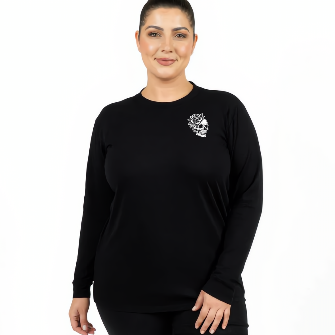 Woman wearing black long sleeve graphic tee with My Tattoos Don't Like You Either skull and rose back print, plus size Australian streetwear by Bae Bands