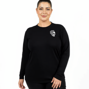 Woman wearing black long sleeve graphic tee with My Tattoos Don't Like You Either skull and rose back print, plus size Australian streetwear by Bae Bands