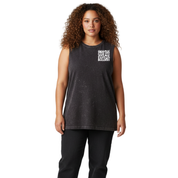Front view of woman wearing black stonewashed Inhale Good Shit Exhale Bullshit tank top, relaxed fit, bold wavy white typography, plus size Australian streetwear by Bae Bands