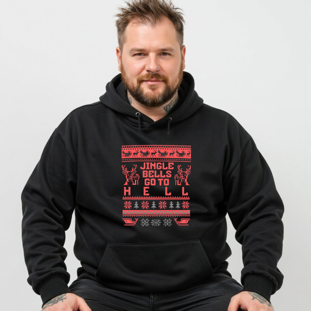 Man wearing a black hoodie with red text and patterns on a plain background
