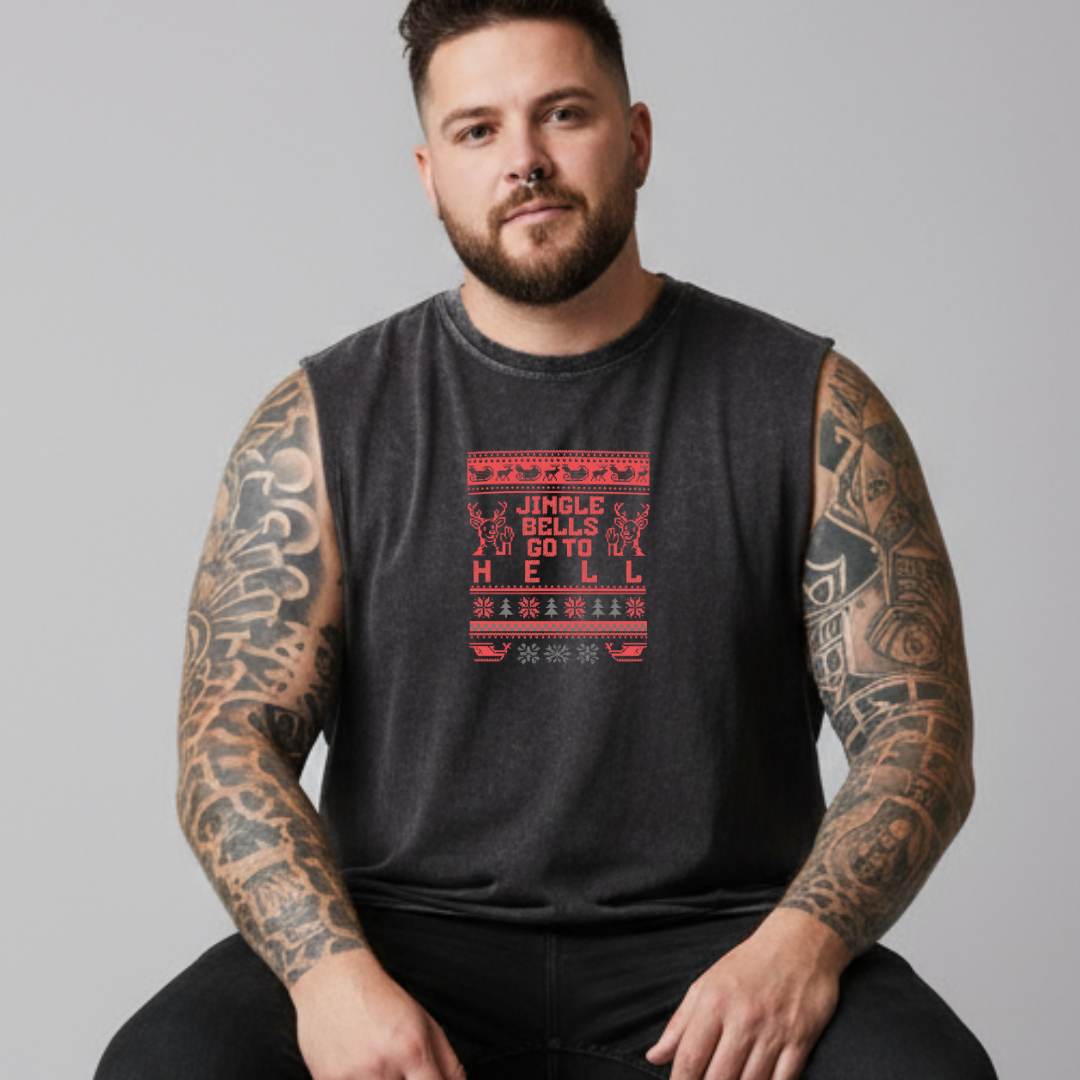 Man wearing a black sleeveless shirt with a red Christmas-themed design on a gray background