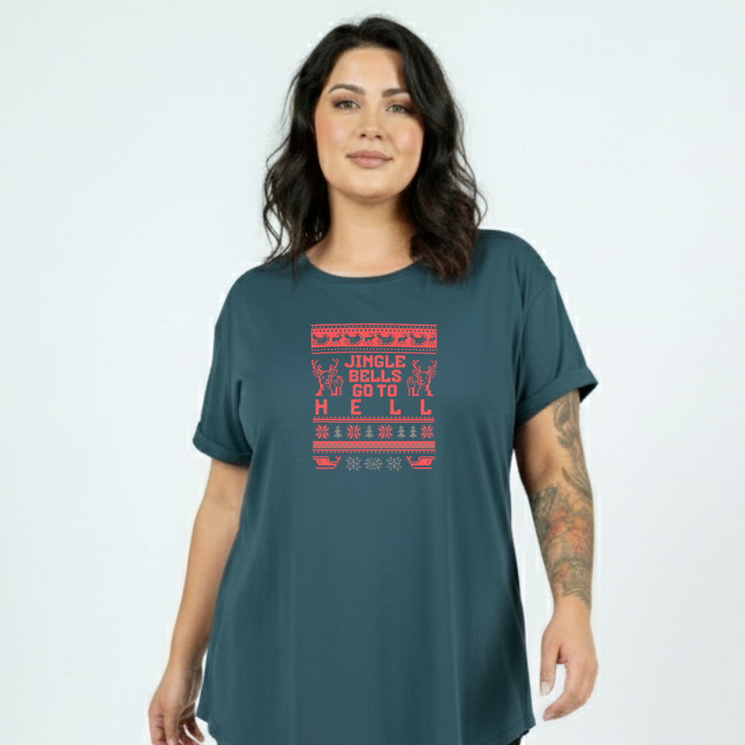 Woman wearing a teal t-shirt with red text and graphics on a white background