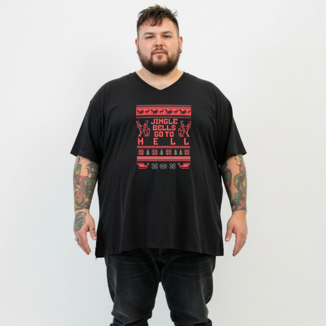 Man wearing a black t-shirt with red holiday-themed design on a white background