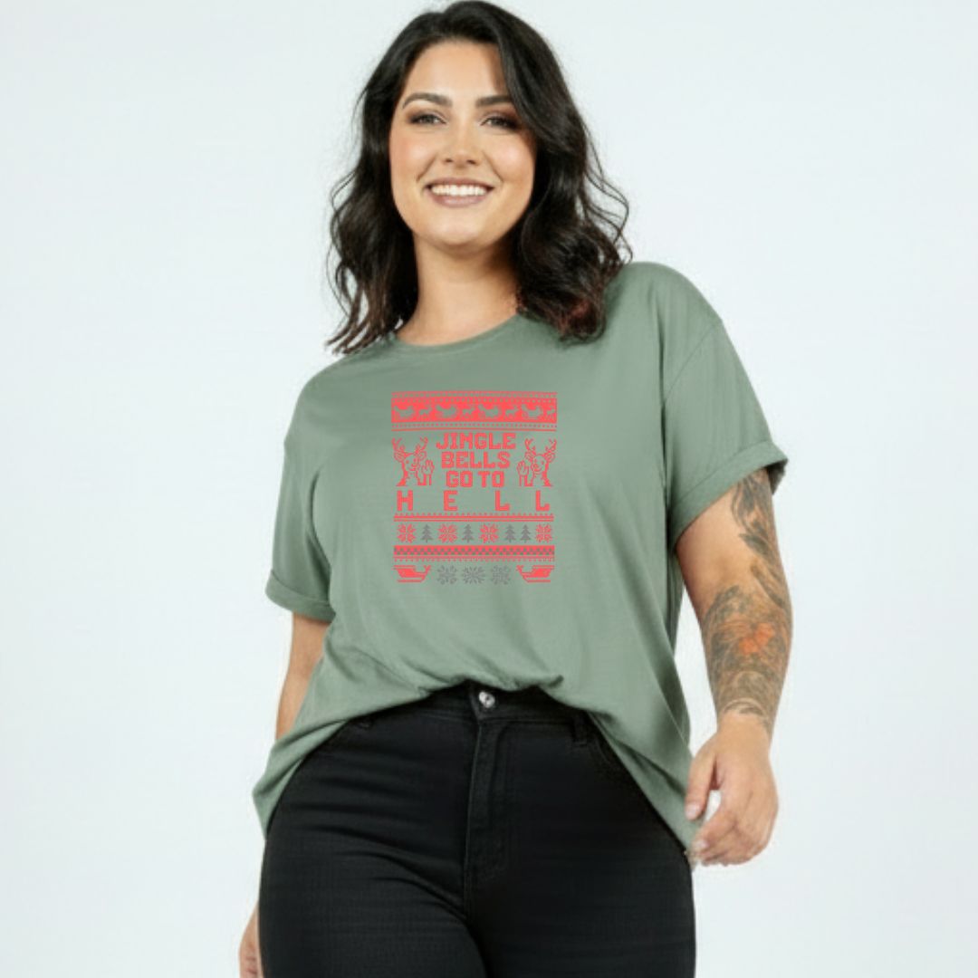 Woman wearing a green t-shirt with red text on a plain background