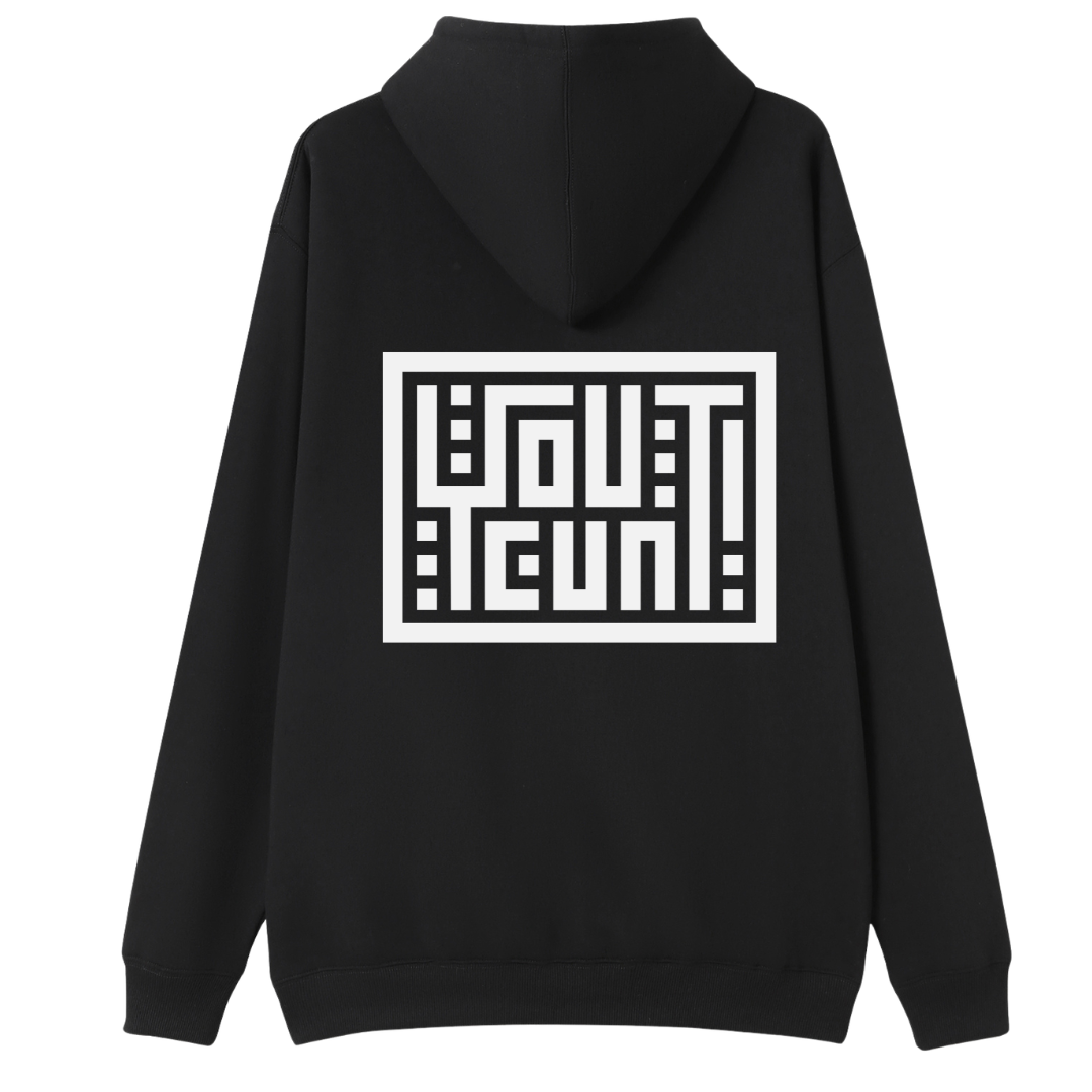 A black pullover hoodie shown from the back, featuring a large white graphic print with the words 'YOU'T ALL COME!' in a bold, stylized geometric font inside a white rectangular border.