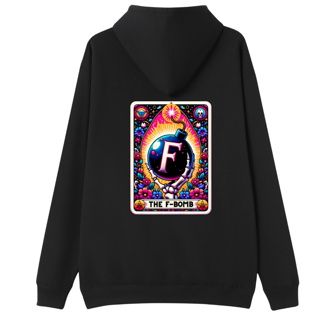 A black pullover hoodie shown from the back, featuring a large, colorful graphic print on the center back. The graphic is a stylized, psychedelic card design with the letter 'F' inside a bomb illustration and the text 'THE F-BOMB' at the bottom.