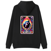 A black pullover hoodie shown from the back, featuring a large, colorful graphic print on the center back. The graphic is a stylized, psychedelic card design with the letter 'F' inside a bomb illustration and the text 'THE F-BOMB' at the bottom.