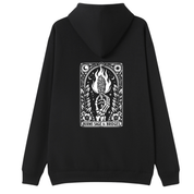 A black pullover hoodie shown from the back, featuring a large white graphic print on the center back with a tarot-style illustration and the text 'BURNS SAGE & BRIDGES'.