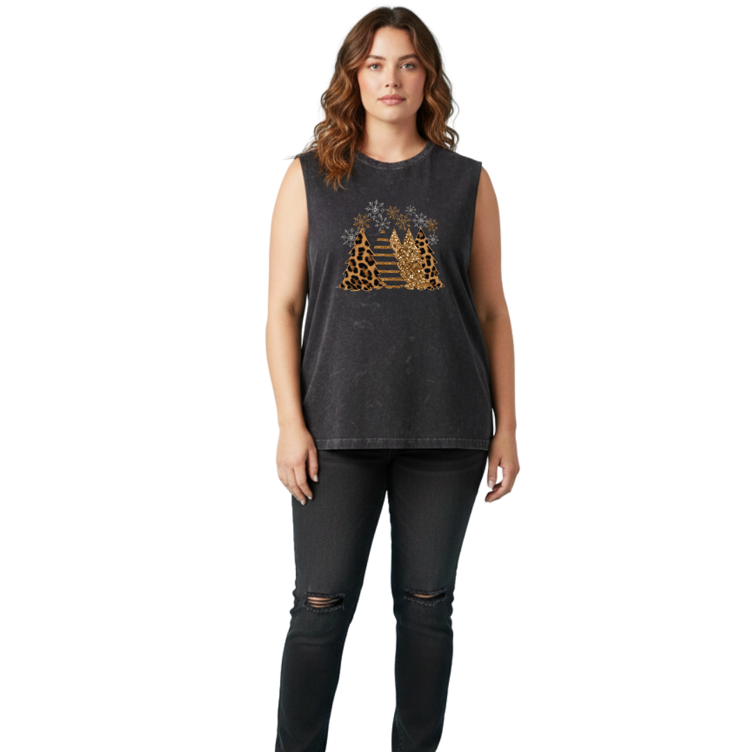 Woman wearing a dark gray sleeveless top with a graphic design on a white background