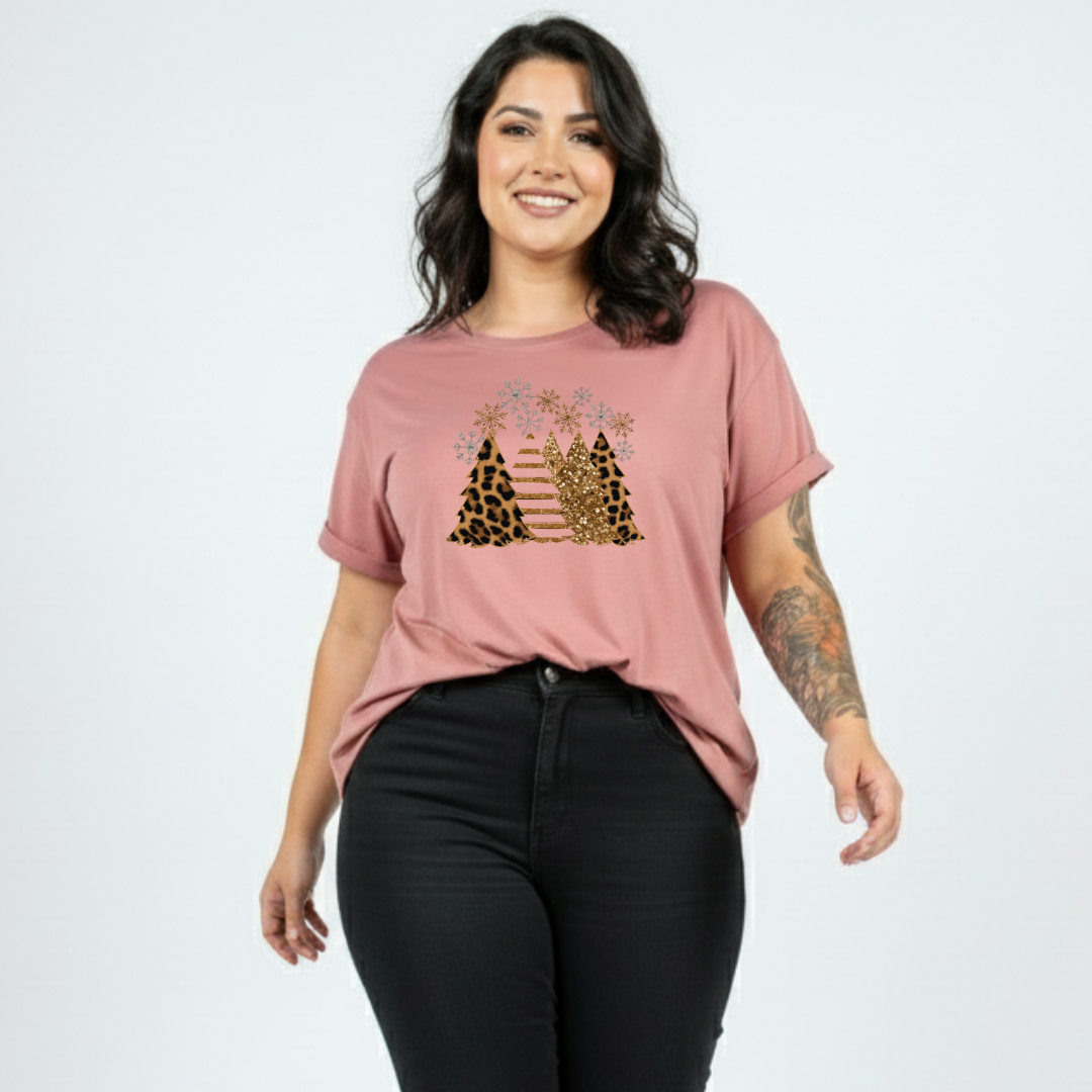 Woman wearing a pink t-shirt with a graphic design on a white background