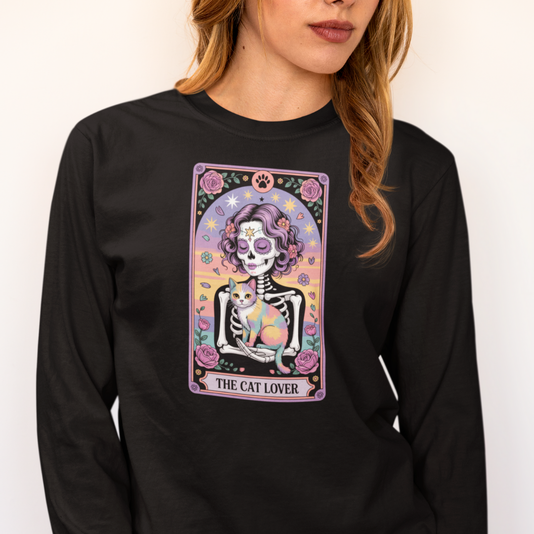 Black long-sleeve shirt with a colorful graphic of a skeleton and cat, labeled 'The Cat Lover', worn by a person.