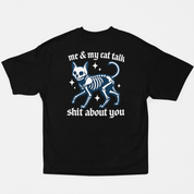 Black t-shirt with a graphic of a cat skeleton and text on a white background