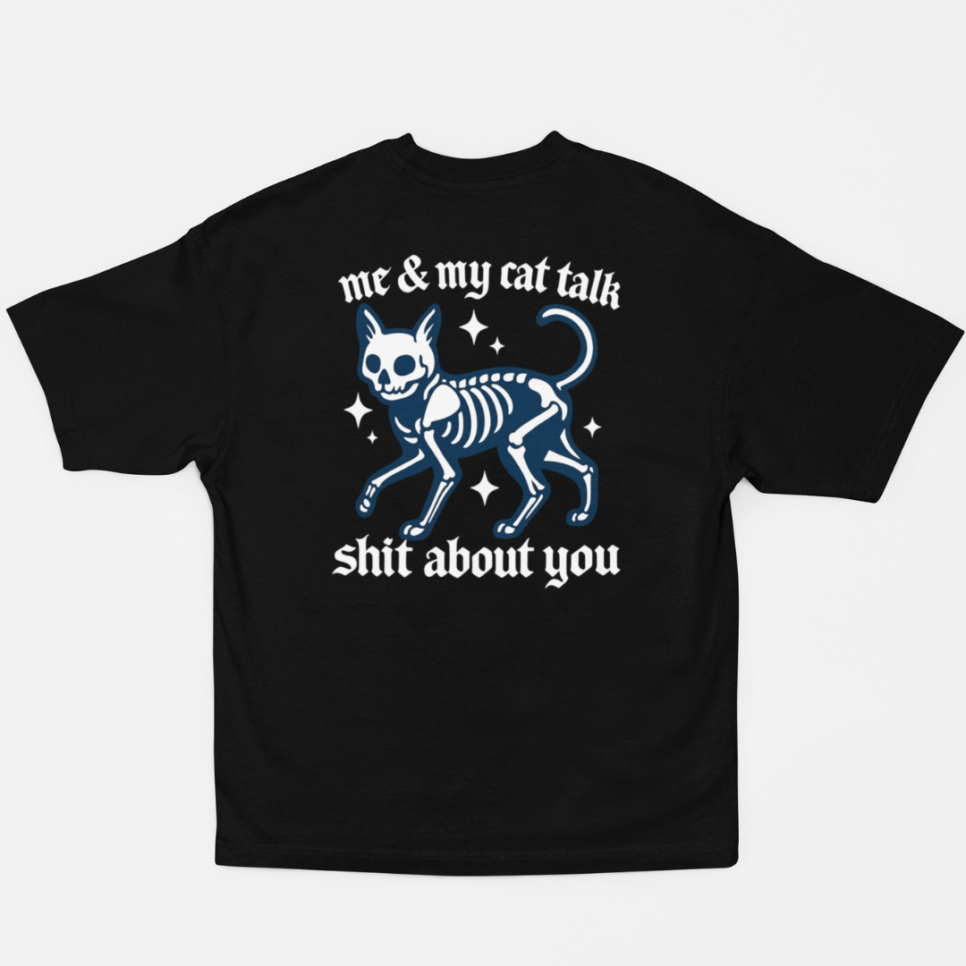 Black t-shirt with a graphic of a cat skeleton and text on a white background