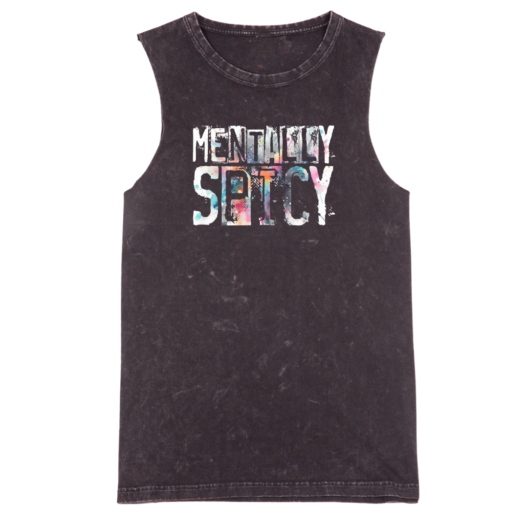 A sleeveless black tank top with a mineral-wash texture, featuring a colorful graphic text print that reads 'MENTALLY SPICY' on the chest, shown against a plain white background.