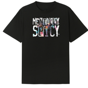 A black short-sleeve crewneck t-shirt featuring a graphic print on the front that reads 'MENTALITY SETCY' in a distressed, multi-colored font with splashes of pink, blue, and white.