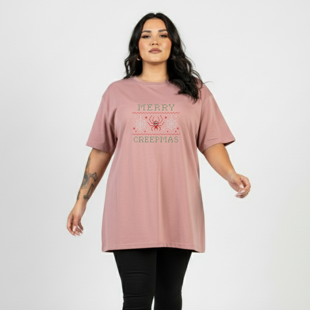 Woman wearing a pink t-shirt with text on a white background