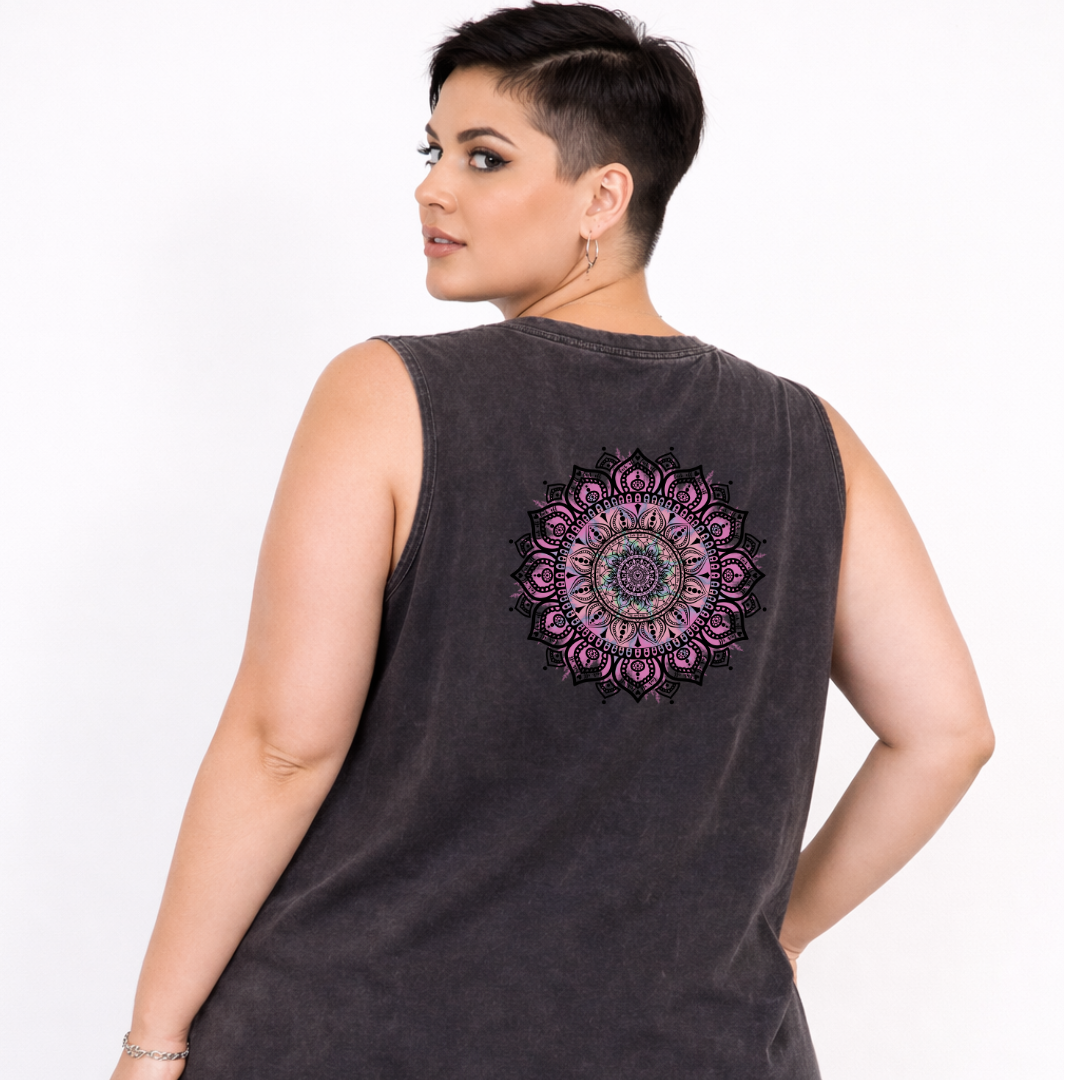 Woman wearing black stonewashed tank top with large intricate pink and teal mandala back print, plus size Australian streetwear by Bae Bands