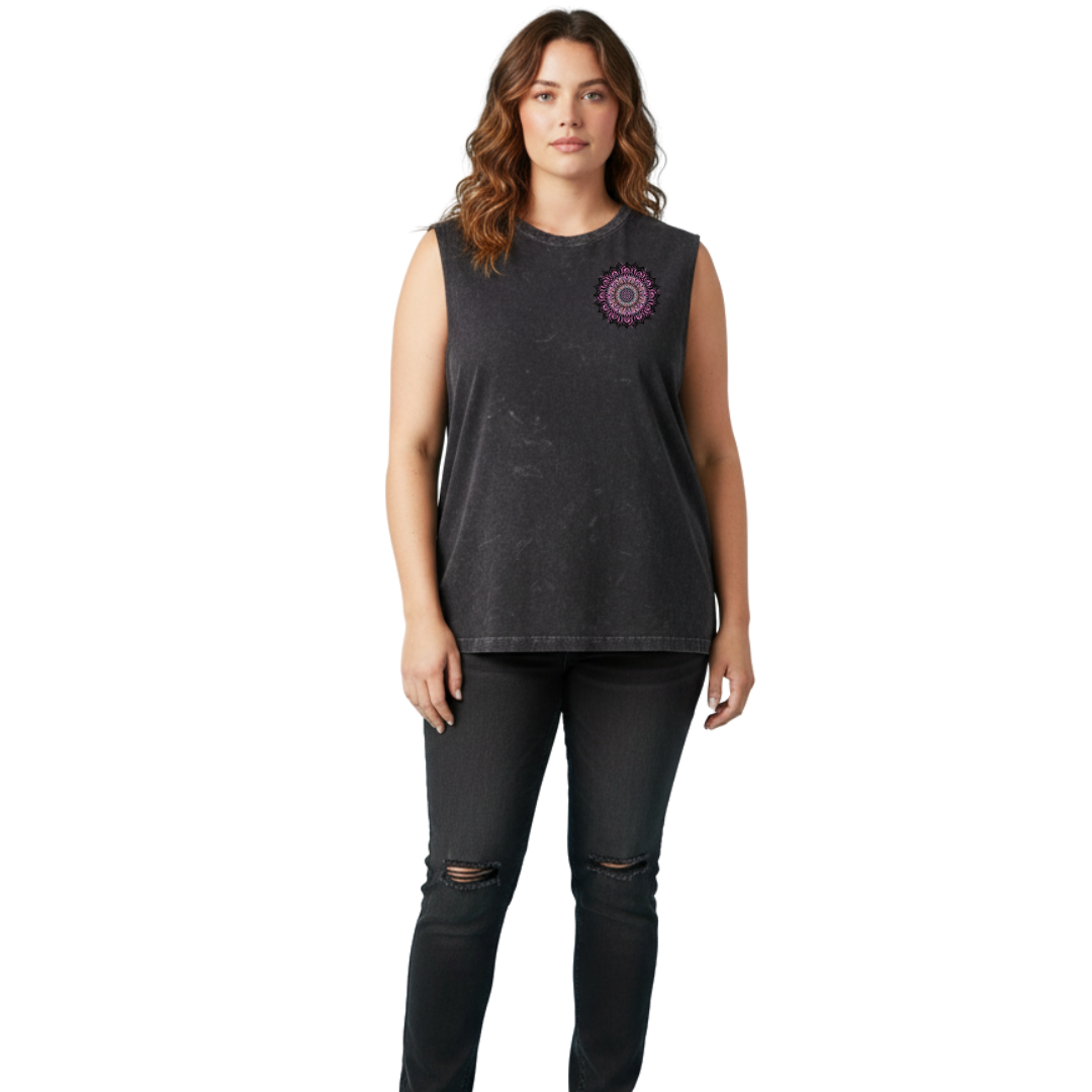 Front view of woman wearing black stonewashed Fuck It Mandala tank top, relaxed fit, plus size Australian streetwear by Bae Bands
