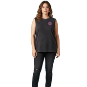 Front view of woman wearing black stonewashed Fuck It Mandala tank top, relaxed fit, plus size Australian streetwear by Bae Bands