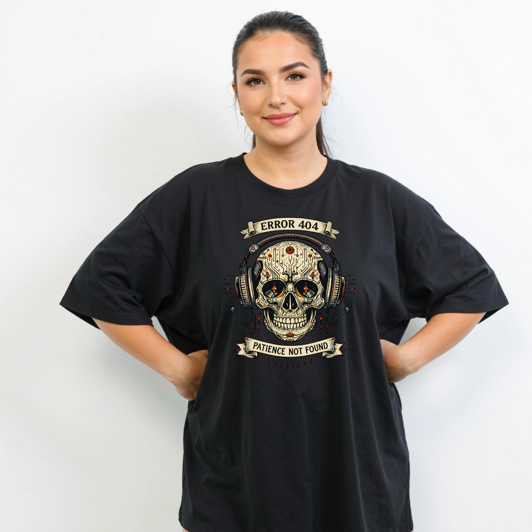 Woman wearing black oversized graphic tee with cyber skull in headphones design and text Error 404 Patience Not Found, plus size Australian streetwear