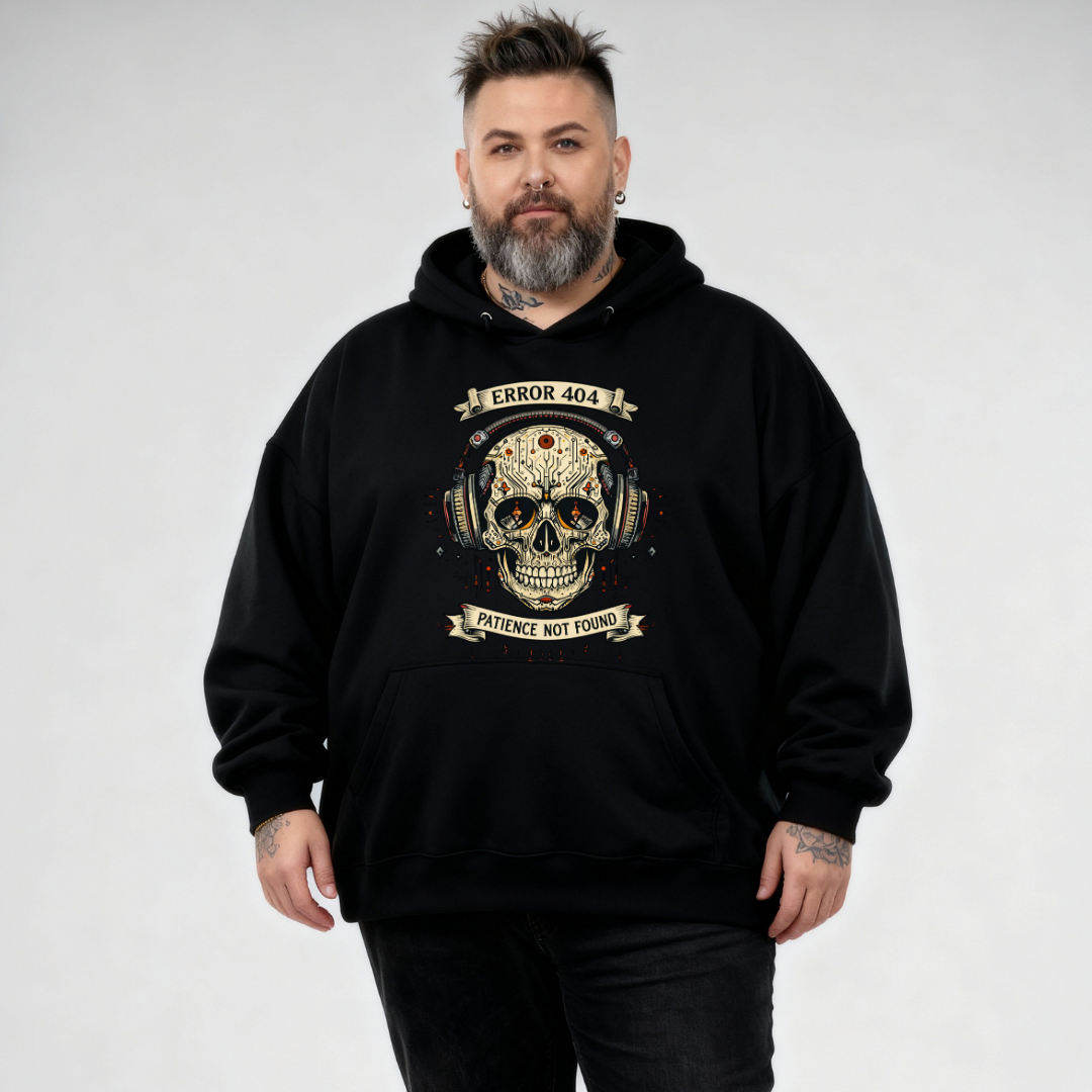 Back view of black Error 404 Patience Not Found hoodie showing full cyber skull in headphones DTF print detail, relaxed plus size fit, Bae Bands Australia