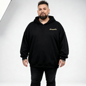 Front view of a man wearing black Error 404 Patience Not Found hoodie, relaxed fit, cyber skull graphic, plus size Australian streetwear by Bae Bands