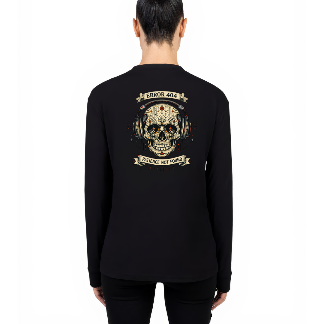 Back view of black Error 404 Patience Not Found long sleeve tee showing full cyber skull in headphones DTF print detail, relaxed plus size fit, Bae Bands Australia