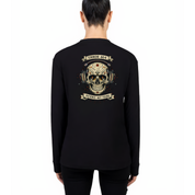 Back view of black Error 404 Patience Not Found long sleeve tee showing full cyber skull in headphones DTF print detail, relaxed plus size fit, Bae Bands Australia