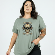 Flat lay of slate green Error 404 Patience Not Found oversized tee showing full cyber skull DTF print detail, Bae Bands Australia sizes 10 to 40
