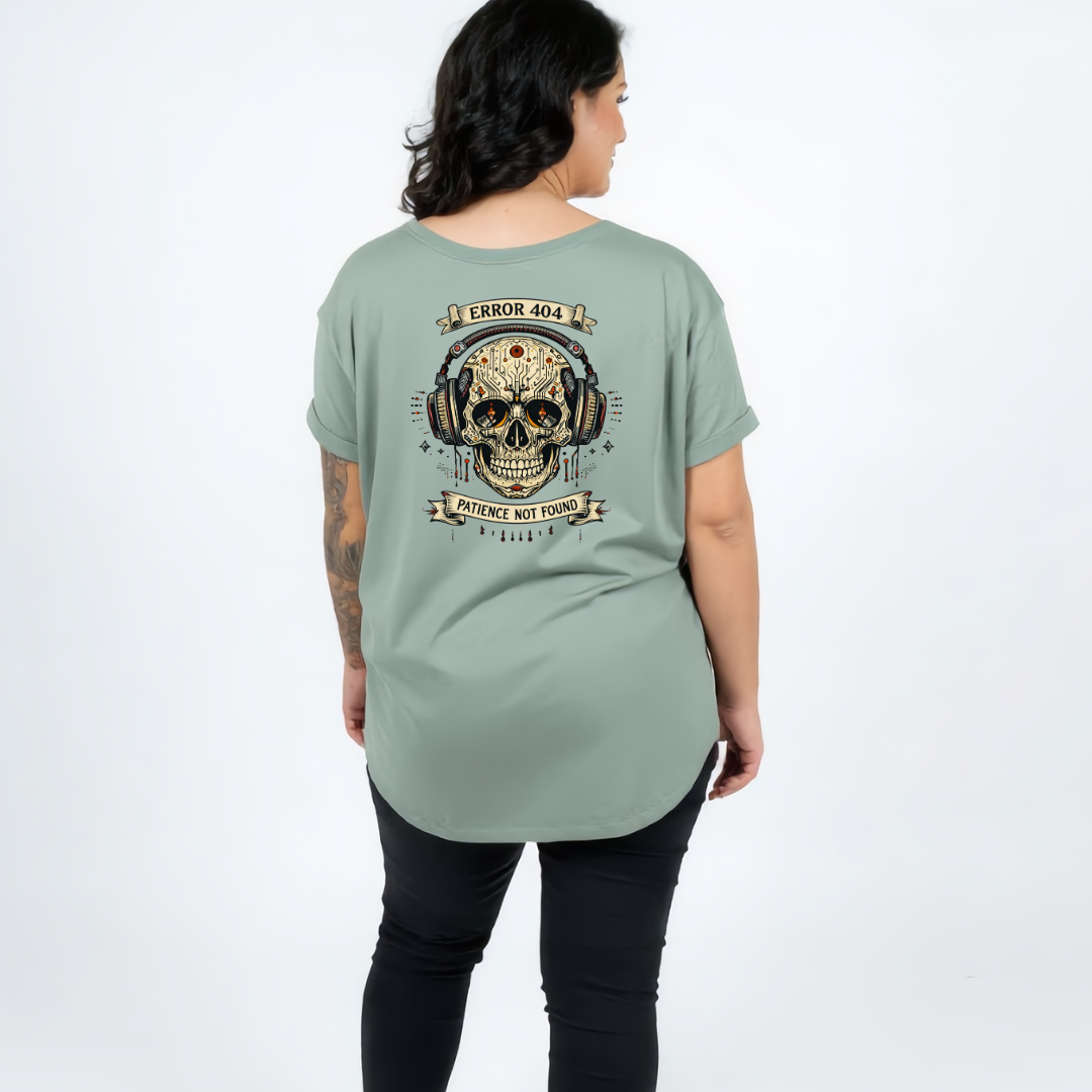 Back view of slate green oversized tee featuring Error 404 Patience Not Found skull print, relaxed fit plus size graphic tee Australia