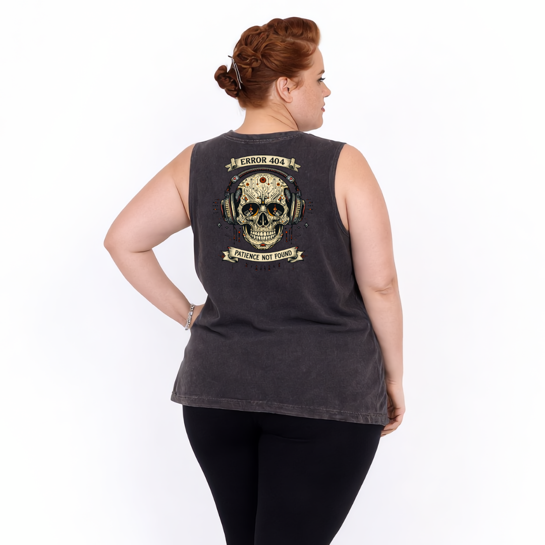 Woman wearing black stonewashed tank top with Error 404 Patience Not Found cyber skull in headphones DTF print, plus size Australian streetwear by Bae Bands