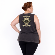 Woman wearing black stonewashed tank top with Error 404 Patience Not Found cyber skull in headphones DTF print, plus size Australian streetwear by Bae Bands