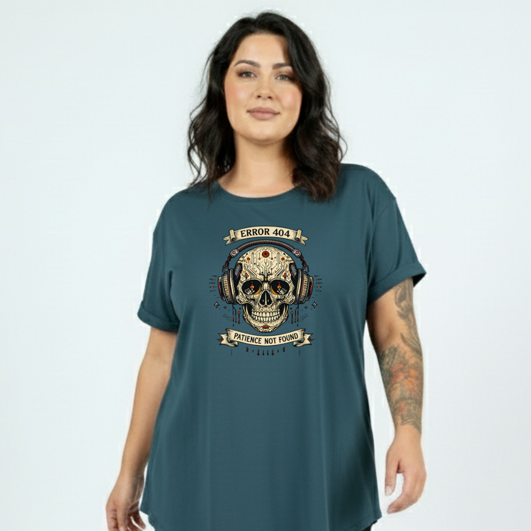Back view of teal Error 404 Patience Not Found oversized tee showing full cyber skull DTF print detail, relaxed plus size fit, Bae Bands Australia