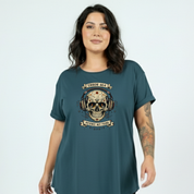 Back view of teal Error 404 Patience Not Found oversized tee showing full cyber skull DTF print detail, relaxed plus size fit, Bae Bands Australia