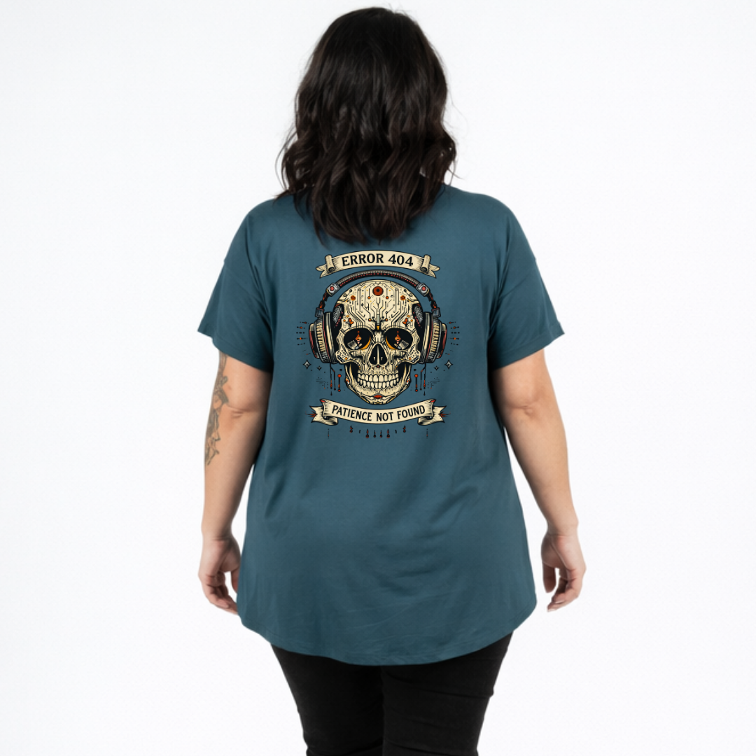Side view of teal Error 404 Patience Not Found oversized tee, relaxed drop shoulder fit, DTF printed skull graphic, Bae Bands Australia