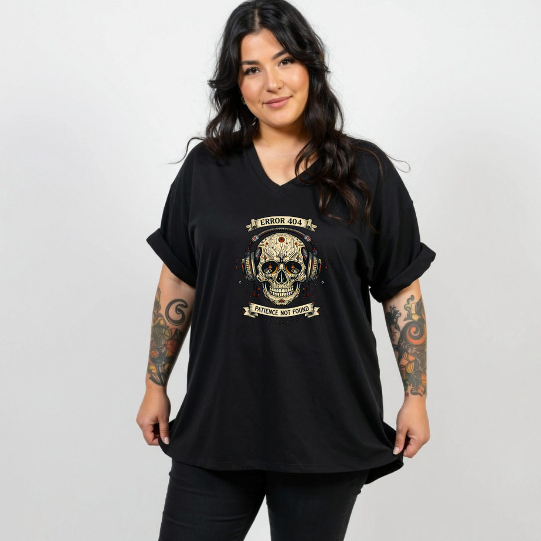 Woman wearing black v neck graphic tee with Error 404 Patience Not Found cyber skull in headphones DTF print, plus size Australian streetwear by Bae Bands