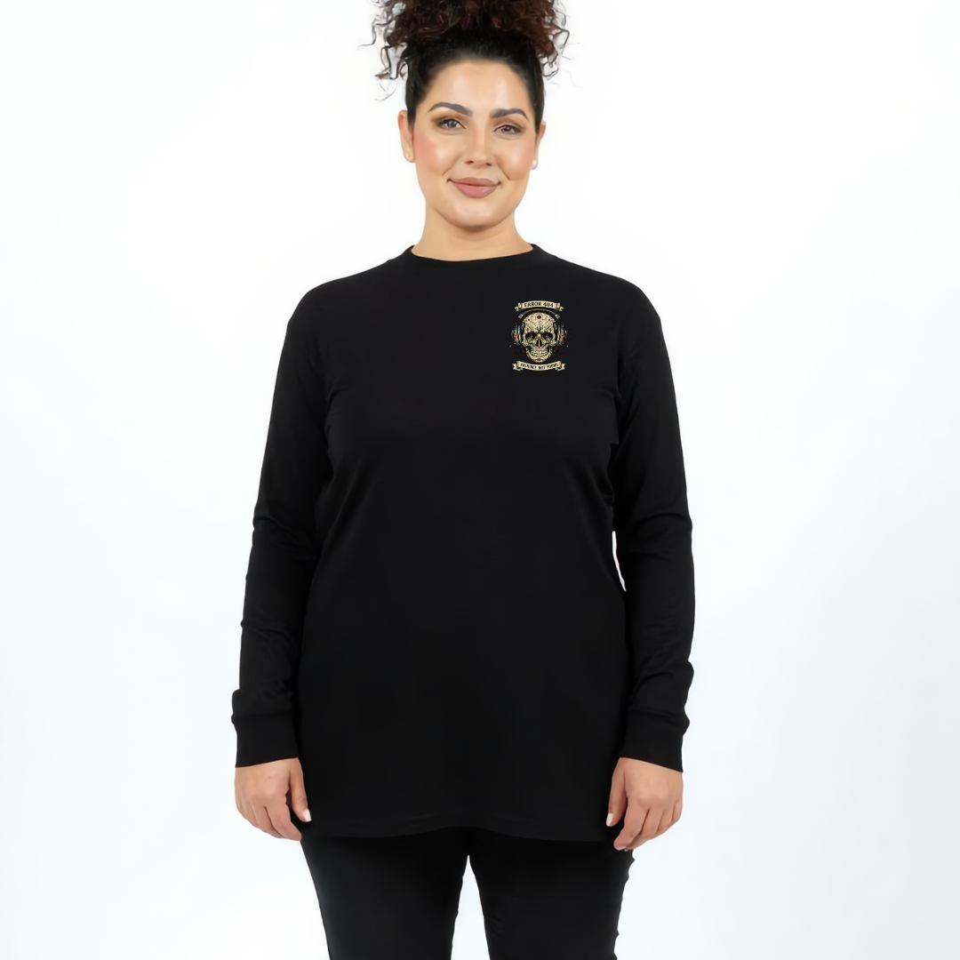 Woman wearing black long sleeve graphic tee with Error 404 Patience Not Found cyber skull in headphones DTF print, plus size Australian streetwear by Bae Bands