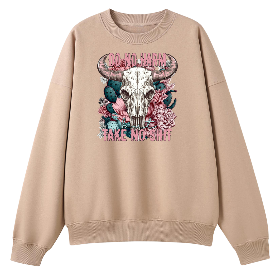 PeachCrewNeck-DoNoHarmButTakeNoShit-FrontPrint.png