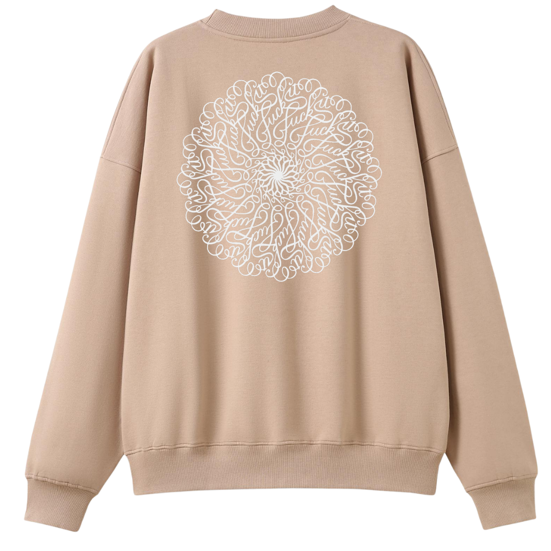 A beige crewneck sweatshirt shown from the back, featuring a large white circular mandala-style graphic printed across the upper back.