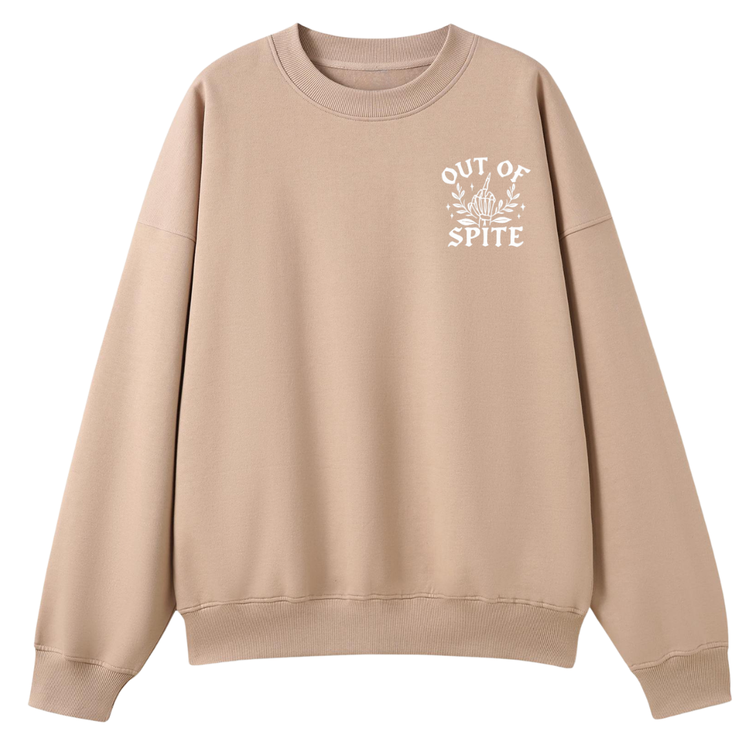 A beige crewneck sweatshirt with a white graphic on the left chest that reads 'OUT OF SPITE' around a campfire illustration, displayed on a solid white background.